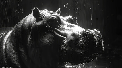   A black-and-white image of a hippo in a watery pool, mouth agape - obrazy, fototapety, plakaty