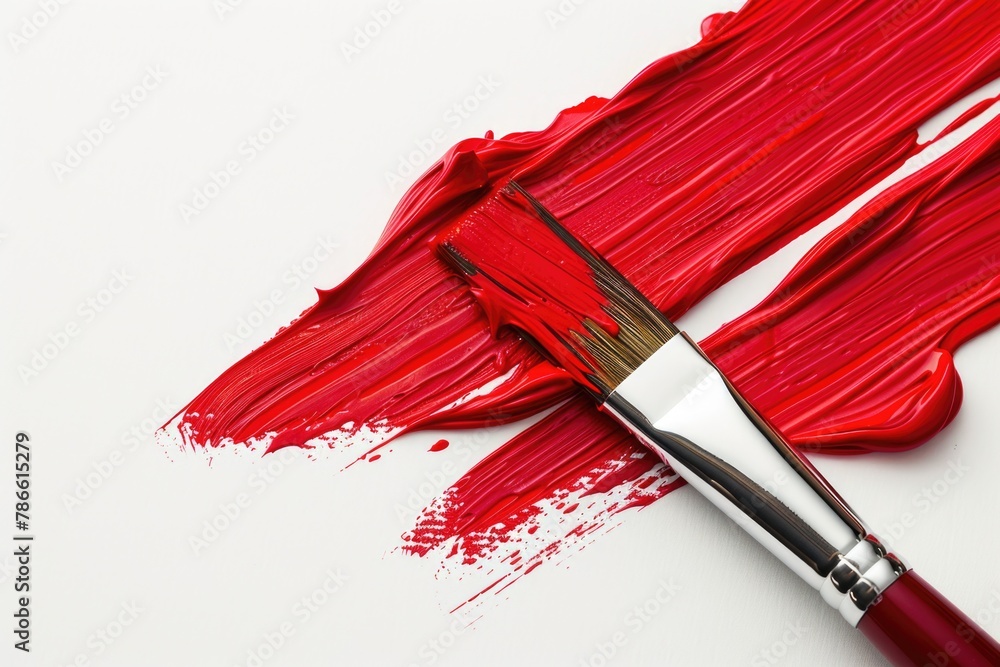 Poster a paintbrush with red paint on a white surface. suitable for art and creativity concepts