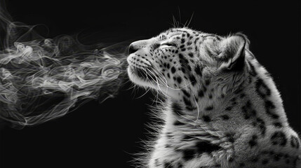   A black-and-white image of a snow leopard's face with steam emerging from its mouth - obrazy, fototapety, plakaty