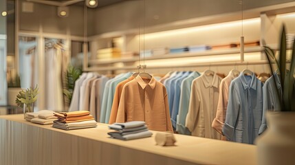 a collection of linen shirts elegantly displayed on hangers in a light-filled store, featuring calming shades such as natural, terracotta, peach, blue, gray, light blue, burgundy, and sand.
