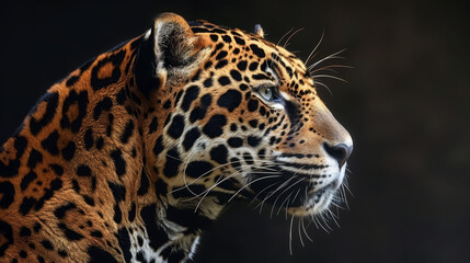   A tight shot of a leopard's face against a black backdrop, with an out-of-focus leopard silhouette in the background