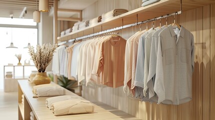 Fototapeta na wymiar a collection of linen shirts elegantly displayed on hangers in a light-filled store, featuring calming shades such as natural, terracotta, peach, blue, gray, light blue, burgundy, and sand.