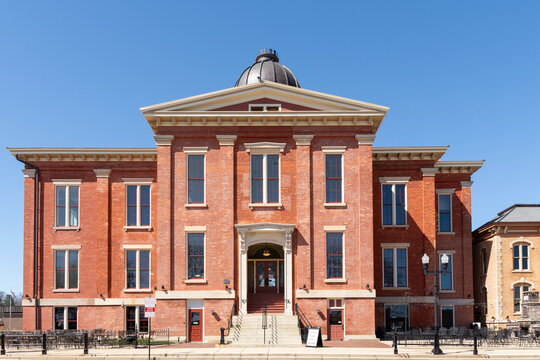 Woodstock, Illinois - United States - April 8th, 2024: Exterior of the historical Old McHenry County Courthouse, built in 1857, in Woodstock, Illinois, USA.