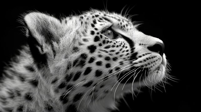   A black-and-white image of a cheetah gazing into the distance with widened eyes against a pitch-black backdrop