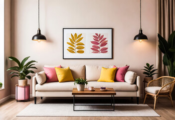 Frame mockup, A paper size ISO. Living room poster mockup. Interior mockup with house creamy & white background. Modern interior design. 3D rendering. Generative AI. V-11