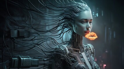 portrait of a woman with hair, portrait of a woman, cyber woman with a computer,  artificial intelligence, AI girl, wire 