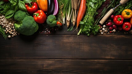 Top view and flat lay of fresh vegetables and fruits Healthy Raw vegetables scattered on rustic wooden table surface. - obrazy, fototapety, plakaty