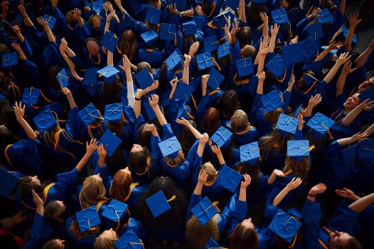 Aerial overhead view of joyful graduation ceremony celebration with students tossing caps in the air to mark their academic success and achievement at a university or college commencement event