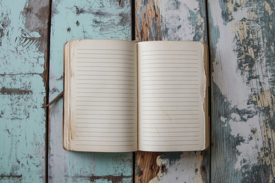 Open empty notebook with a simplistic cover on a rustic wooden backdrop, ready for personalization
