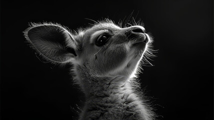 Fototapeta premium A monochrome image of a small animal gazing upward with an open mouth and widened eyes