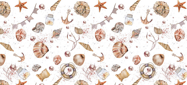 Seamless Pattern. Shells, Corals, Starfish, Algae, Anchor, Map, Lifebuoy, Flags, Pearls. Watercolor illustration. For fabrics, textiles, beachwear, summer accessories, design elements, wallpaper