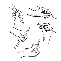 Drawing hand poses in a linear style, in different perspectives with a paint brush