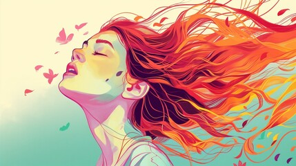 Illustration of a woman with long red hair flowing in the wind
