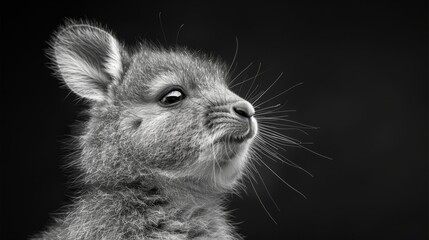   A black-and-white image of a baby rabbit gazing upward at the camera, expressing a sorrowful countenance