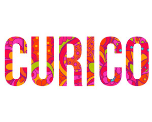 Curico creative city name design filled with colorful doodle pattern