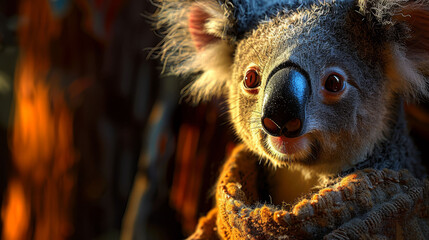  A koala wearing a scarf is depicted in a close-up image, with a tree standing behind it in the backdrop - obrazy, fototapety, plakaty