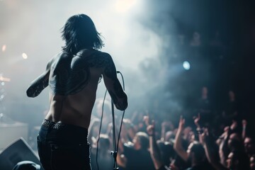 A rock frontman singing to the microphone to the crowd on a concert in a stage backlights. Back view