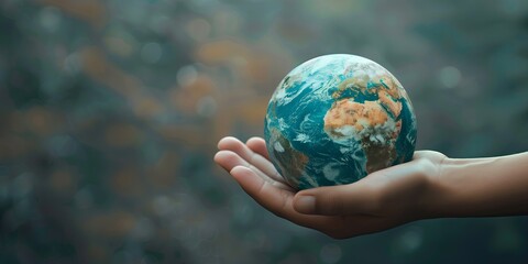 A hand holding a globe. The concept of peace and environmental protection. Empty space for text
