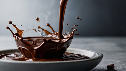 A splash of chocolate poured into a bowl, close-up. AI generative.