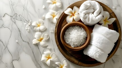 Beauty and Massage Spa Products on Wooden Tray with Plumeria Flowers on Marble Background