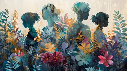 Botanical Reverie:Lush and Delicate Floral Abstraction with Ethereal Figures Amid Vibrant Watercolor Foliage