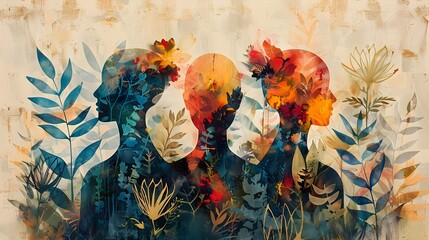 Botanical Reverie:Vibrant Floral Abstractions with Ethereal Figures and Geometric Shapes