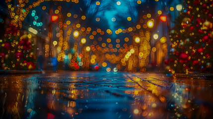 Enchanted winter street with festive tree lights