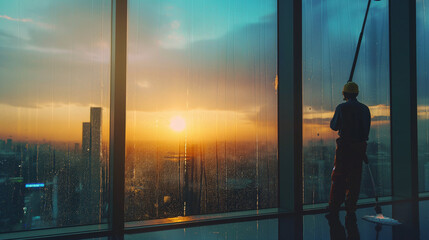 Fototapeta na wymiar Silhouette of a cleaner working on skyscraper windows at sunset