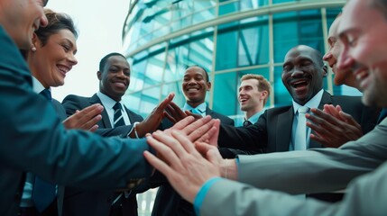 Business people greet and greet each other near the glass building of the business center, after a business conference on the development of the company. Successful people and teamwork. Happy People