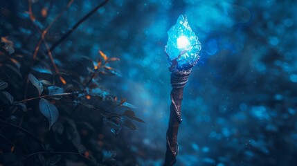 A blue crystal staff glowing in a dark forest - obrazy, fototapety, plakaty