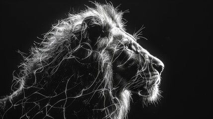   A black-and-white image of a lion's head with mane rustling in the wind against a stark black backdrop - obrazy, fototapety, plakaty