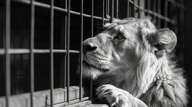   A monochrome image of a white lion gazing from a barred enclosure
