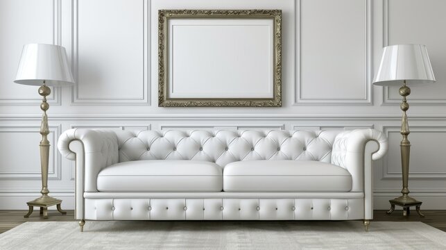   A white leather couch faces a lamp and a framed picture on a pristine white wall in the living room