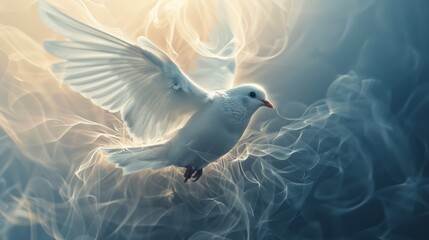 A white dove flies through the smoky sky. - obrazy, fototapety, plakaty