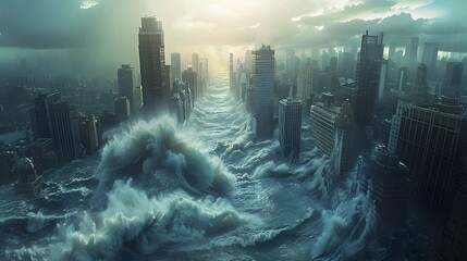Colossal Tsunami Engulfs Modern Metropolis,Towering Waves Submerge Skyscrapers in Apocalyptic Destruction