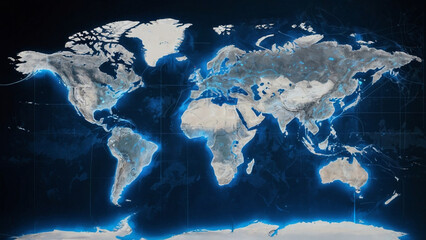 Blue neon world map, modern technologies. AI generative. - 786618688