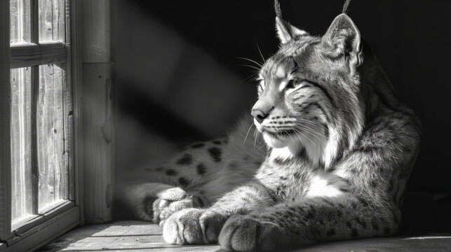   A black-and-white image of a snow leopard seated on a window sill, gazing out through the open window