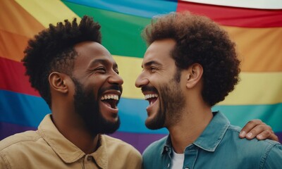 Joyful LGBTQ+ multiethnic couple - laughing gay men at Pride Parade, embodying the spirit of Pride month with happiness and unity. Smiling people celebrating Pride Day against rainbow LGBT flag - Powered by Adobe