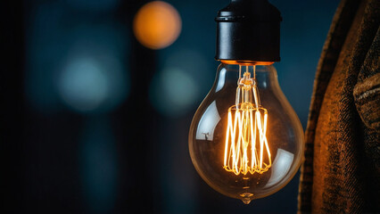 Edison light bulb on dark background, close-up. AI generative.