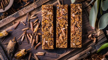 Edible Insect Granola Bars. Richly textured granola bars with edible insect toppings on a wooden board, an exploration of alternative protein sources in snacking