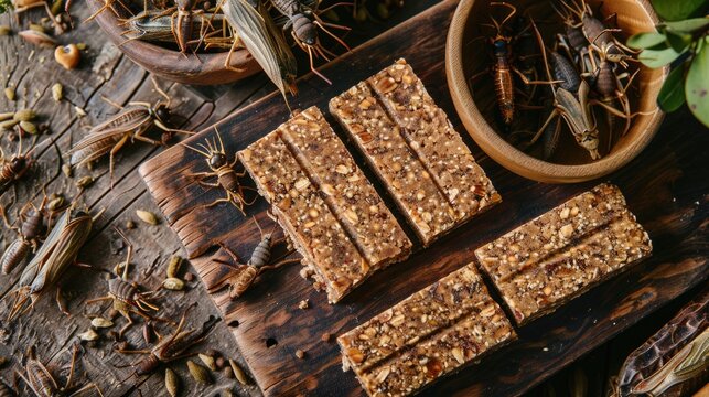 Edible Insect Granola Bars. Richly textured granola bars with edible insect toppings on a wooden board, an exploration of alternative protein sources in snacking