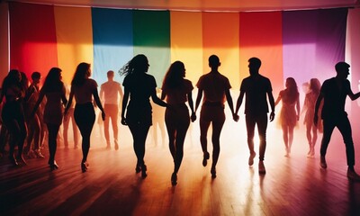 Silhouette of diverse LGBTIQA+ people holding hands at Pride parade with rainbow flag in the background symbolizing unity and fighting for their rights. LGBT community celebrates Pride month