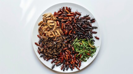 Assorted Edible Insects Plate. A diverse platter of edible insects, featuring a variety of species, served on a white plate for a unique gastronomical experience