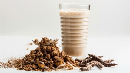 Nutritious Insect Protein Smoothie. A healthy smoothie topped with insect protein powder, alongside whole edible crickets, offering a glimpse into the future of fitness nutrition