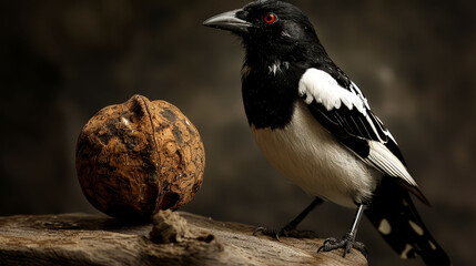 Naklejka premium A black-and-white bird perches atop a wooden plank, near a bowl of nutmeats