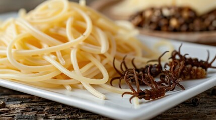 A creative culinary twist with al dente spaghetti pasta served with a side of edible mealworms,...