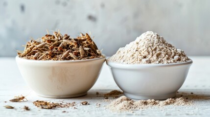 Edible Insects and Insect Flour. Bowls display roasted edible insects beside their ground form as flour, highlighting sustainable food practices and alternative protein sources