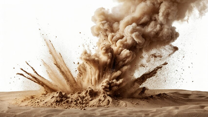 Sand explosion, dry sand on white background, studio shot. AI generative.