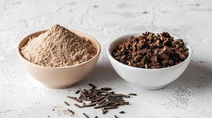 Edible Insects and Insect Flour. Bowls display roasted edible insects beside their ground form as flour, highlighting sustainable food practices and alternative protein sources