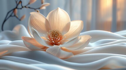 Lose yourself in the velvety folds of a magnolia blossom, its soft petals bathed in the golden light of dawn, a vision of natural perfection.
